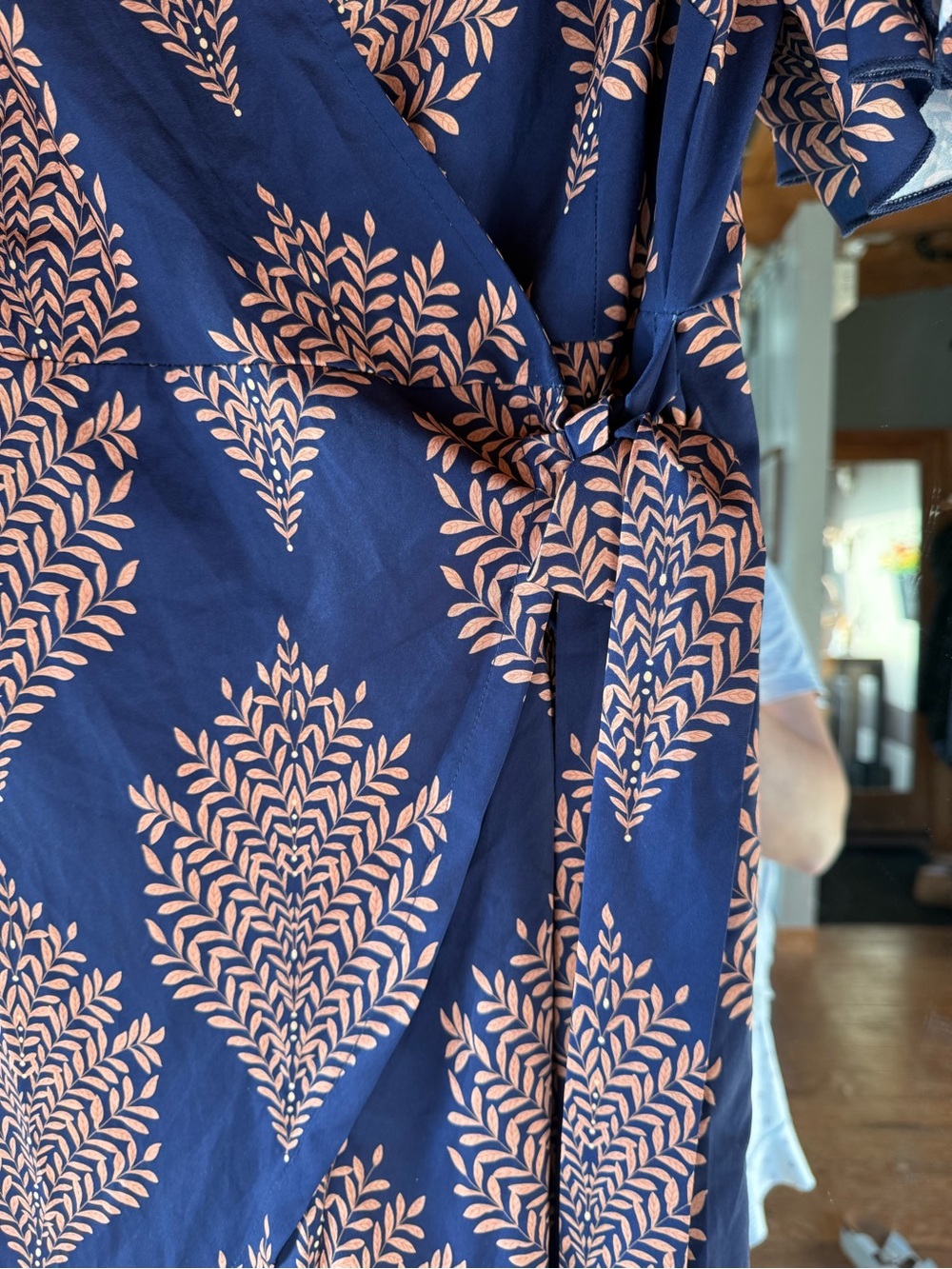 SHEIN Navy Wrap romper with Peach Leaf Print